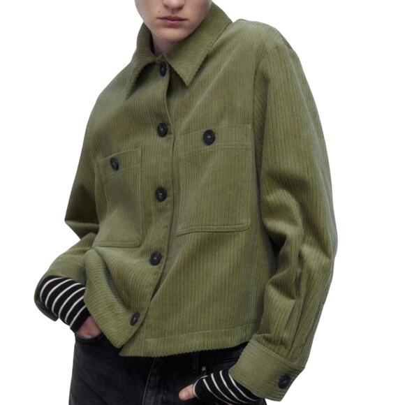 Zara Corduroy Overshirt Green Cropped Jacket Cotton Button Front Women's XS - Picture 2 of 7